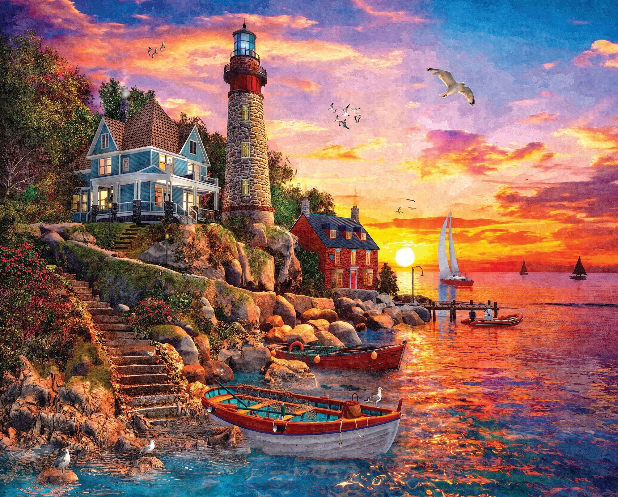 Lot of 4 White Mountain 1000pc selling Puzzles Lighthouse Premiere Finger Lakes Harbor